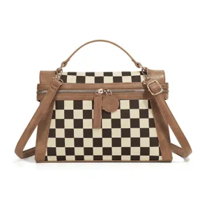 Classic checkerboard pattern women handbag with top handle and adjustable shoulder strap style.