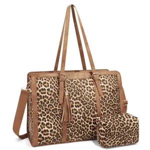 Fashion Leopard Print Plaid Women Tote Bag Set Large Capacity Polyester PU Patchwork Shoulder Handbag With Tassel Cosmetic Pouch