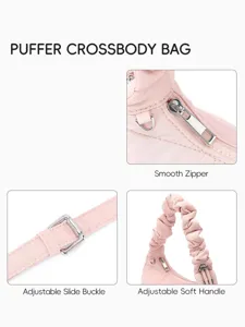 Détail de sac bandoulière puffer rose avec fermeture éclair lisse, boucle réglable et poignée.