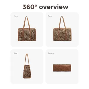 Leopard print tote bag with shoulder straps, stylish multi-angle overview design for women.