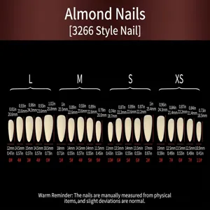 Almond press-on nail size chart detail showing dimensions for L, M, S, and XS fits accurately.