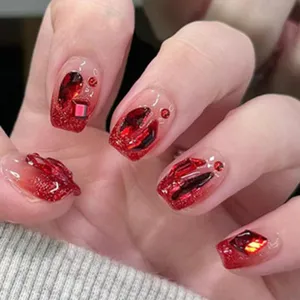 Uñas postizas burdeos cortas cuadradas con diamantes brillantes set de manicura elegante