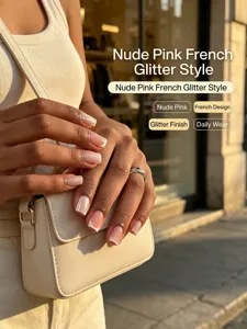 Nude pink french press-on nails square glitter gradient false nail art tips for daily wear