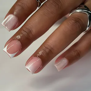 Detailed view of French cat eye press on nails square pink gradient fake nail art patch