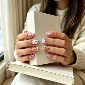 Kerst Nepnagels Europees Vierkant 3D Peperkoekman Sneeuwvlok Kunstnagels Plaknagels