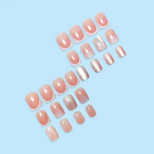 Press on nails French gradient pink cat eye short square fake nail art tips set 24pcs