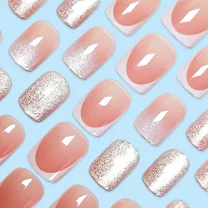 Detailed view of french press-on nails with cat-eye glitter and pink gradient design for women.