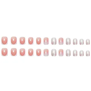 French square pink glitter and gradient press-on fake manicure nails tips set display