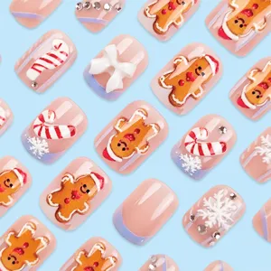 Kerst press on nagels vierkant 3D peperkoek man sneeuwvlok nep nagels details