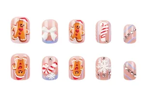 Kerst kunstnagels 3D peperkoekman sneeuwvlok vierkant nep nagels set voor vrouwen