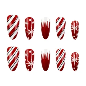 Kerst kunstnagels lange amandel vorm rood witte sneeuwvlok strepen set 10 stuks