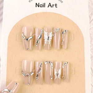 Long Trapezoid Press On Nails Nude Pink Soft Light Butterfly Rhinestone Fake Nails Elegant Daily Beauty Nail Art Design