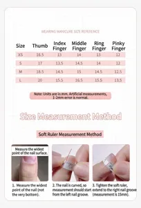 Guide des tailles et mesure pour faux ongles, tailles XS à L avec dimensions en millimètres.