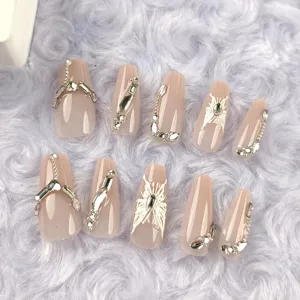 Best-selling gentle long coffin press-on nails with soft butterfly decor and rhinestones 10pcs