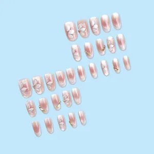 Nep nagels nude roze verloop bloemen strass luxe handgemaakte manicure nagelset