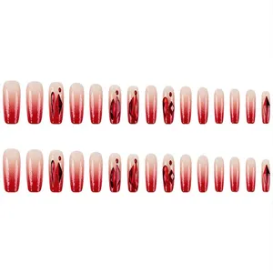 Uñas Postizas Rojas Degradadas con Estrás 3D Set de Puntas de Uñas Artísticas de Lujo Mujer