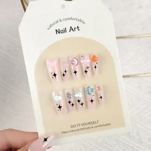 Uñas postizas para presionar 24 pzas rosa mariposa estrella diamantes kit de manicura