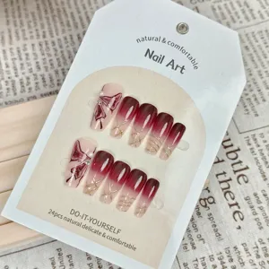 Uñas postizas degradado rojo mariposa diseño juego de 24 piezas para manicura chic.