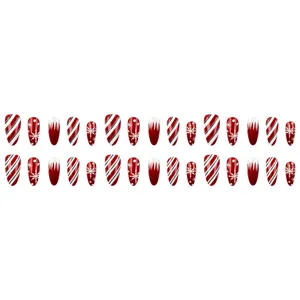 Kerst lange amandel neppe nagels met rode sneeuwvlok en leuke streep patronen set.
