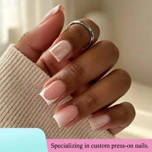 French Press On Nails Cat Eye Square Pink Gradient Fake Nails Fine Glitter Artificial Fingernails Nail Art Kit