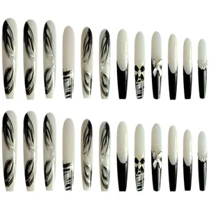 Uñas postizas hechas a mano 24 pz negro blanco lazo perla diseño elegante kit de manicura