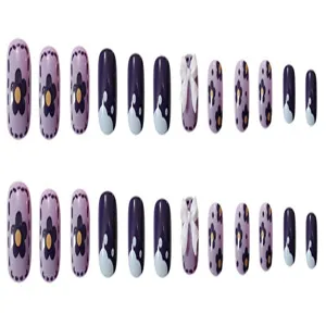 Uñas postizas hechas a mano con lindo diseño de flores moradas y lazo blanco 3D, 24 pzas.