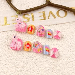 Set de uñas postizas 3D para niños, lindas uñas postizas de pony y lazo 10 pzas.