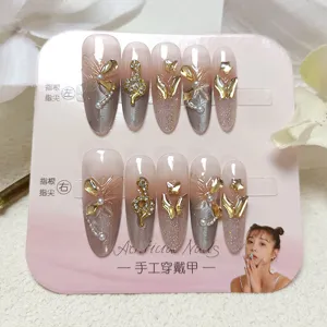 Uñas Postizas a Presión de Lujo Ojo de Gato Hecho a Mano Estrás Oro Serpiente Ovalado Largo Uñas Artificiales para Mujer