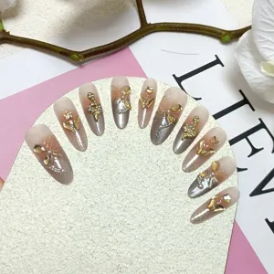 Uñas postizas hechas a mano con diseño de serpiente de oro 3D y mariposa, efecto ojo de gato.