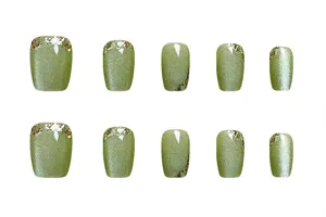 Uñas postizas verdes de ojo de gato con purpurina dorada, set corto cuadrado, 10 pcs.