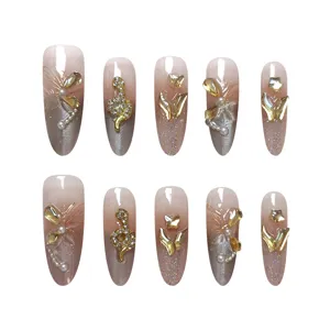 Uñas postizas de lujo ojo de gato con serpiente dorada y diamantes, uñas postizas hechas mano.