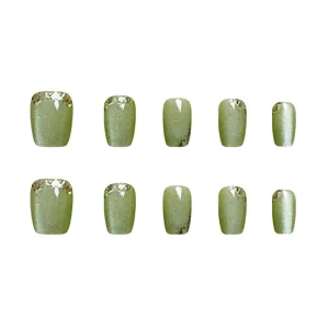 10 piezas uñas postizas cortas verde cat-eye con purpurina dorada, arte de uñas minimalista.