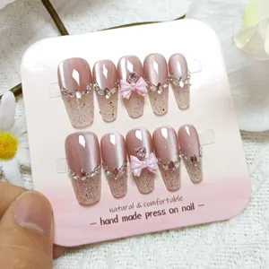 Dulce Rosa Ojo De Gato Uñas Postizas A Presión Forma De Ataúd Larga Uñas Postizas Con Strass Lazo Brillo Cobertura Completa Uñas Acrílicas Para Mujeres Niñas