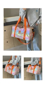 Borsa da viaggio sportiva olografica, grande borsa da palestra fitness con cinghie arancioni.