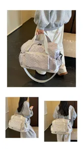 Detailed view of the polka dot travel duffel bag showing model carrying angles and pockets.