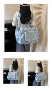 Light blue polka dot travel duffel bag with large capacity and comfortable strap.