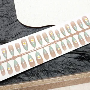 3D floral almond press-on nails detail, 30pcs gradient green false nail set showcase.