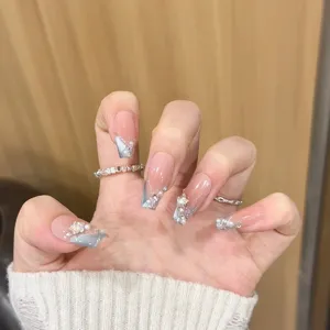 Uñas Postizas a Presión de Ataúd Ojo de Gato Hechas a Mano Degradado Rosa Francés Con Diamantes de Imitación Perlas Artificiales Estrellas Para Mujer