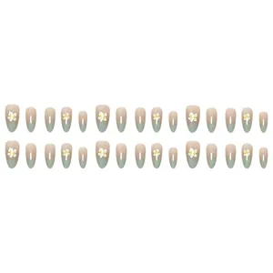Simple floral almond press-on nails 3D embossed handmade wearable nail art set for daily wear.