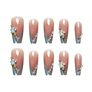 10pcs Uñas Postizas Bailarina Largas Degradado Francés Brillo Plateado Estrella Estrás
