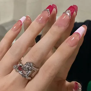 Uñas postizas largas de ballet rosa dulce diamantes de imitación corazón hada elegante top