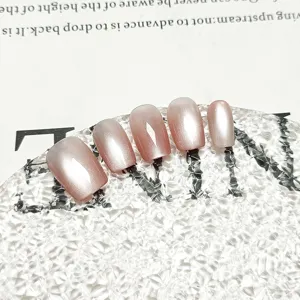 Gradient pink cat-eye press-on nail tips, handmade 10-piece split-size elegant manicure.