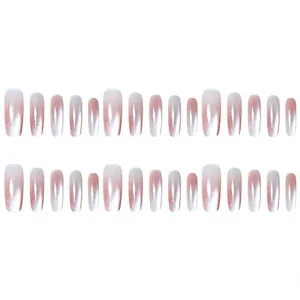 Close-up detail of gradient light pink cat-eye press-on nails, showing fine glossy texture and sizes.