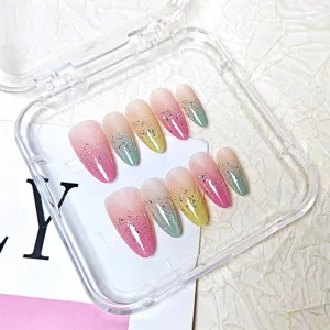 Unghie Finte Fatte a Mano Paillettes Arcobaleno Colorate Occhio di Gatto Mandorla Punte Acriliche Salone Manicure Arte Per Donne Festa