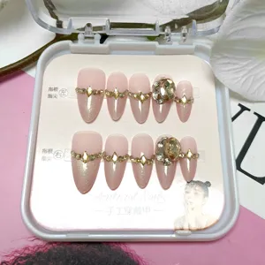 Handmade press-on nails with nude pink cat eye gel and luxury rhinestones for women 10pcs