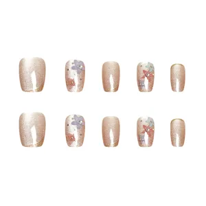 Uñas postizas hechas a mano 10pcs ojo de gato brillante flores diamantes set de uñas