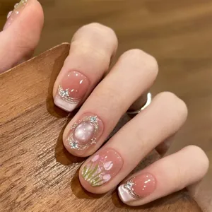 Handmade 3D Tulip Press On Nails Short Cat Eye Rhinestone False Nails ABS Plastic Artificial Fingernails For Women