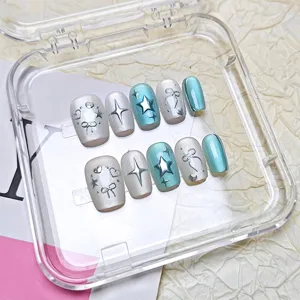 Uñas Postizas Hechas a Mano 3D Estrella Deslumbrante Ojo de Gato Uñas Postizas Lazo Corazón Dulce Acrílico Uñas Postizas Para Mujeres
