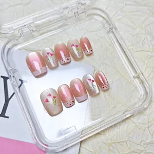 Künstliche nägel kurz cat eye rosa tulpe schleife 10 stück aufpressnägel set design