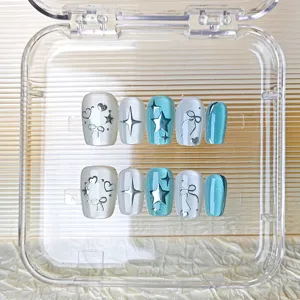 Uñas postizas ojo de gato 3D con dijes de estrella lazo, set de uñas hechas a mano 10 pzas.